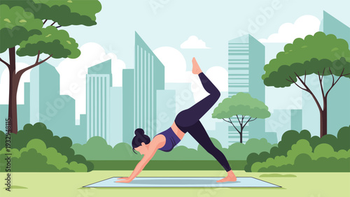 Athletic woman performs an advanced yoga pose on a mat in a lush green park with a modern city skyline and tall skyscrapers visible in the distance.