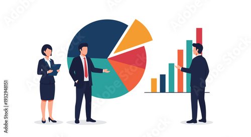 Business analytics vector illustration of a team discussing financial charts and pie graph data