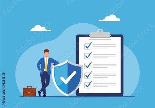 Business security vector illustration with checklist and shield protecting assets