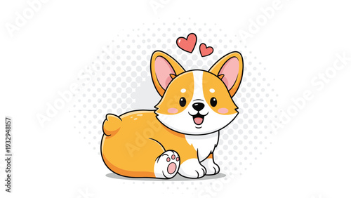 Adorable Pembroke Welsh Corgi puppy sits happily on a dotted background with tiny red hearts floating above its head to express love and affection.
