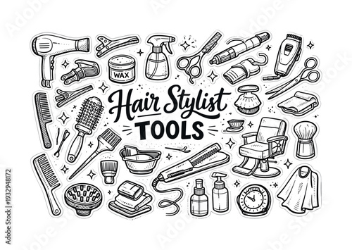 Professional hair care tool set, hand drawn doodle elements set, center hand-lettered title, black & white vector line art, bold
