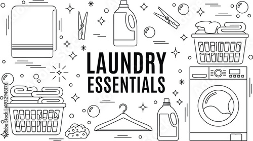Laundry essentials vector illustration set, washing machine detergent basket hanger towel cleaning supplies collection