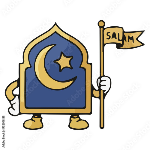 Mascot Character with Islamic Arch and Salam Flag