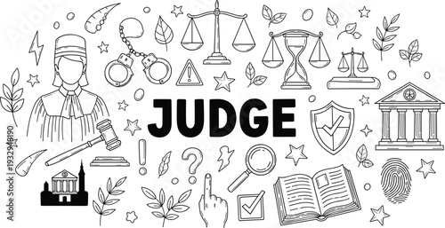 Judge law justice vector illustration set, gavel scales courthouse legal system line art collection