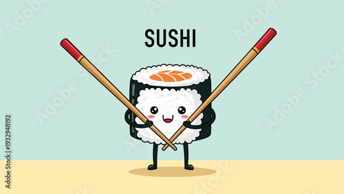 Cheerful sushi roll character with a cute face stands proudly while holding two wooden chopsticks in a playful pose against a soft blue background.