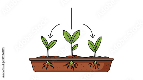 Scientific diagram illustrates the process of young green plants growing in a long seedling tray with their roots clearly visible through the soil.