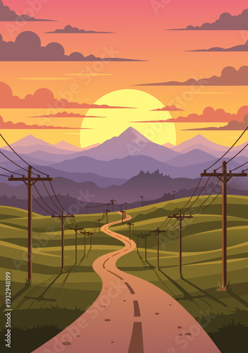 Serene Countryside Road at Sunset Vector Illustration with Rolling Hills and Mountains Under a Warm Sky