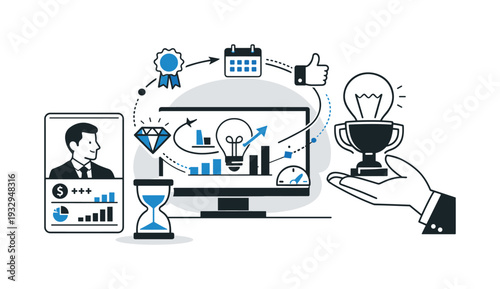 Modern minimal flat vector conceptual collage, crisp hard edges, consistent THIN outline stroke, rounded corners where needed,