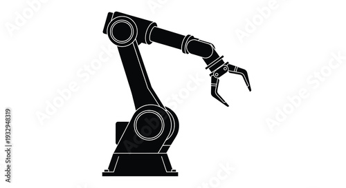 A stark black robotic arm extends with a gripping claw showcasing industrial automation and precision a graphic silhouette