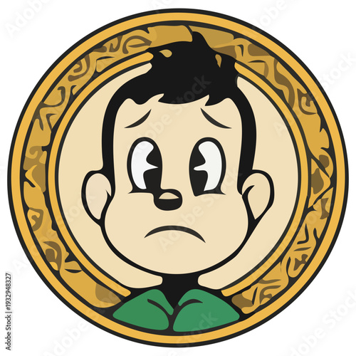 Sad Cartoon Boy Face in Gold Coin Emblem