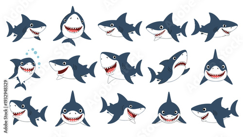 Large collection of friendly cartoon sharks is presented in various swimming positions and expressions for an underwater themed design project.