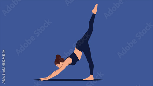 Graceful woman demonstrates a challenging yoga balance pose against a solid dark blue background to focus on strength, flexibility, and mindfulness.