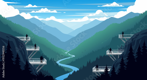 Scenic Mountain Valley Observation Decks Vector Illustration with Winding River and Distant Peaks