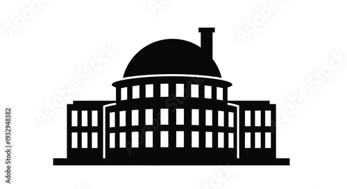 A striking black silhouette depicts a classical building with a prominent dome and detailed facade silhouette high quality professional