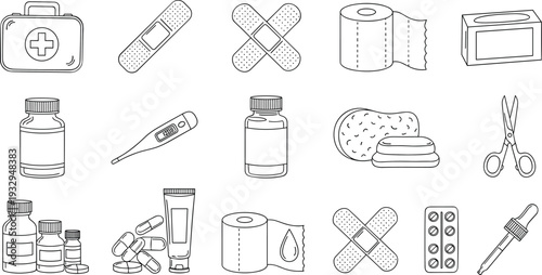 Medical First Aid Line Art Icon Set, Medicine Bottle Bandage Thermometer Pills and Healthcare Supplies Vector Collection