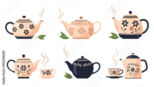 Collection of elegant teapots and matching teacups features intricate floral patterns and rising steam for a cozy afternoon tea time atmosphere.