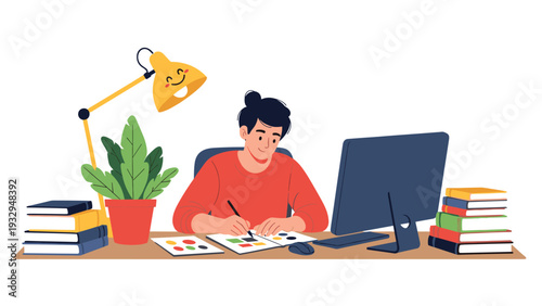Creative artist works at a tidy desk with a computer, lamp, and houseplants while sketching and coloring in a notebook for a design project.