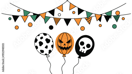 Festive halloween composition with decorative bunting flags and balloons featuring pumpkin skull and polka dot patterns.