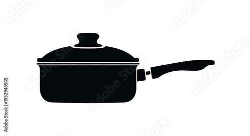 A stark black silhouette depicts a common saucepan with a handle and lid ideal for kitchenware illustration silhouette