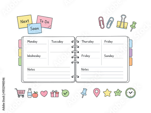 Open weekly planner spread, tabbed notebook pages, paper clips and sticky notes, small reminder icons for Shopping list planner