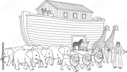 Noah’s Ark illustration, biblical story artwork, animals entering ark, black and white line art, religious concept, wildlife pairs drawing