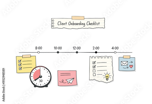 Daily schedule timeline with time blocks, timer and notebook page scraps, sticky notes and progress dots for Client onboarding