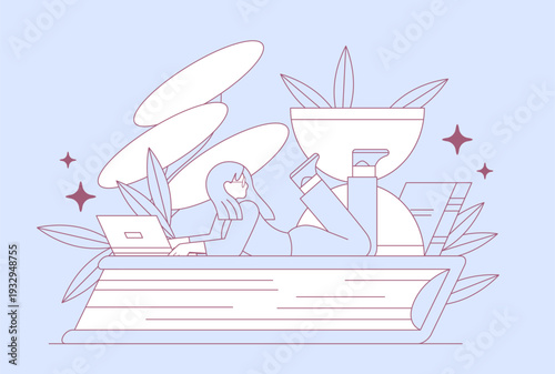 Woman with Laptop Lying on Giant Book. Online Education and Webinars Line Concept