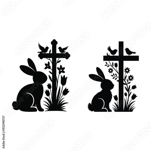Two cheerful Easter bunny near traditional wooden Christian cross. 