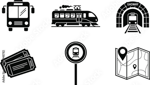 Public Transport Icon Set, Train Bus Ticket Tunnel Map and Railway Station Silhouette Vector Collection