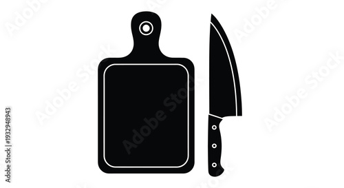 A stark black silhouette of a cutting board and knife suggests culinary preparation and kitchen tools silhouette high quality