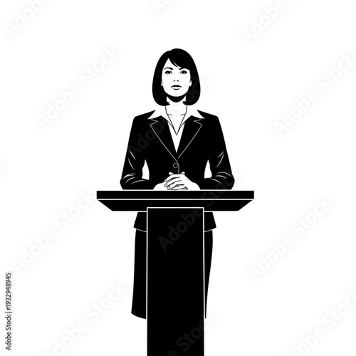 Confident Businesswoman Delivering Speech at Podium Illustration.