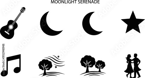 Collection of icons representing a moonlight serenade with music, nature, and romance