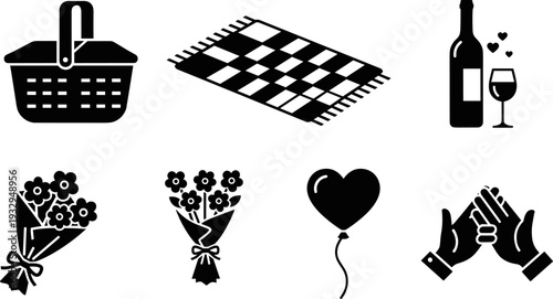 Collection of romantic picnic and celebration icons for special occasions