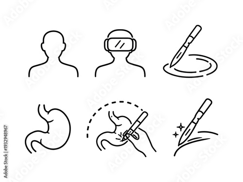 Line vector icons of a student performing a virtual surgical operation (training surgery): student silhouette, VR visor, surgical