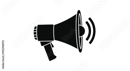 A stark black graphic of a vintage megaphone emitting sound waves presented as a striking silhouette high quality professional