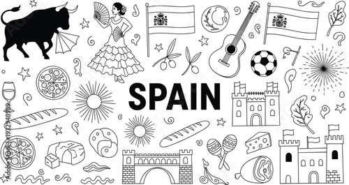 Spain culture vector illustration set, flamenco bull guitar paella landmarks travel line art collection