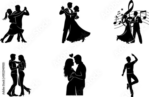 Silhouettes of couples dancing and a man dancing solo, representing various dance styles and romance