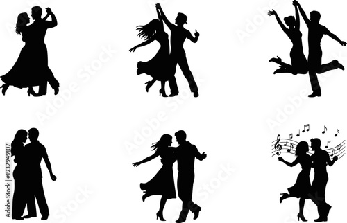 Collection of diverse couple dance silhouettes in various dynamic poses and styles