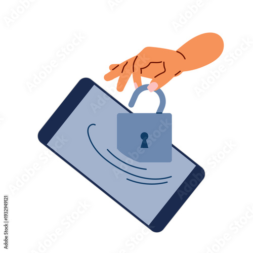 Hand taking off padlock from smartphone screen. Phone security concept, unlocking device, removing protection, privacy settings, cyber security. Flat vector illustration for mobile security apps.