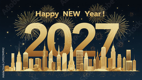 Happy New Year 2027 banner with large golden numbers, city skyline silhouette and fireworks on dark background. Elegant festive design for holiday greeting cards, posters and celebration banners.