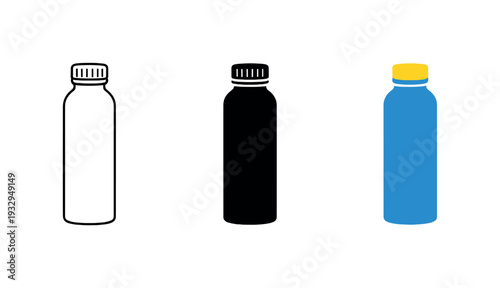 Clean future scene showing a reusable water bottle with screw cap and smooth body standing upright, same silhouette arranged side