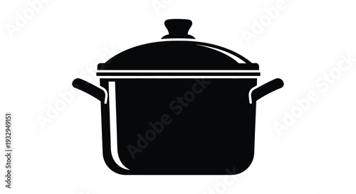 A stark black silhouette depicts a classic cooking pot with lid and handles a simple kitchen item silhouette