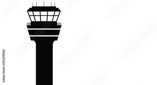 A stark black silhouette of a multi tiered air traffic control tower against a plain white background silhouette high quality