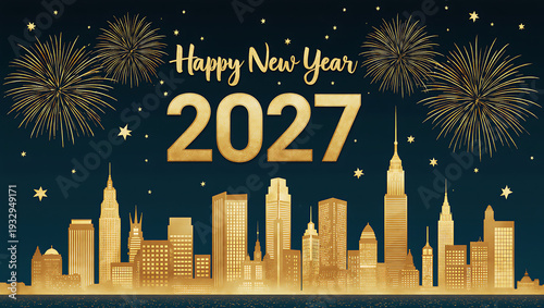 Happy New Year 2027 banner with golden city skyline, fireworks and stars on dark background. Festive holiday design for greeting cards, posters, social media and seasonal celebration.