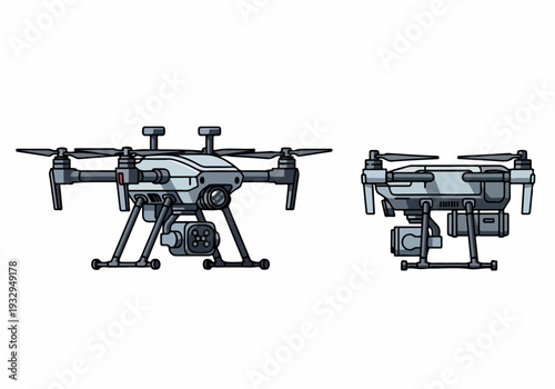 Two futuristic drones equipped with cameras for aerial photography and videography, showcased from different angles