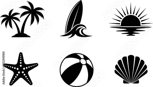 Collection of black and white summer vacation icons including palm trees, surfboard, sunset, starfish, beach ball, and seashell