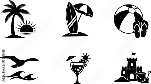 Collection of summer beach vacation icons including palm tree, surfboard, and sandcastle