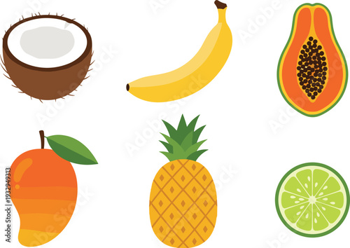 Tropical fruits vector illustration set, coconut banana papaya mango pineapple lime colorful healthy food collection