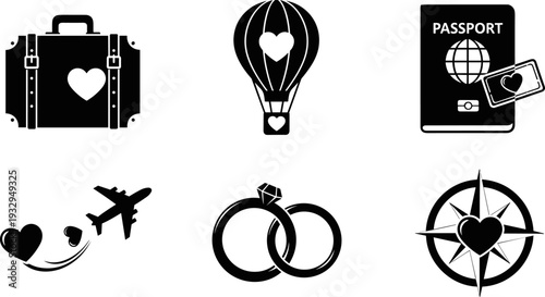 Collection of romantic travel and wedding icons with hearts and compass