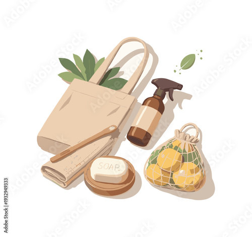 Minimal eco-friendly household routine with sparse reusable items loosely arranged seen from a top-down angle, offset to the left